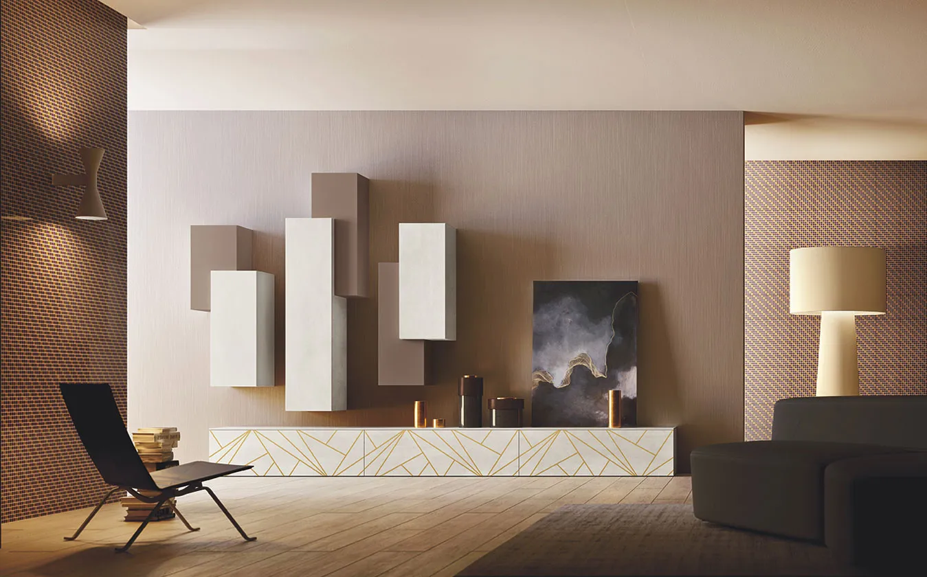 Soggiorno On Lines 2B Italia con pensili verticali chiari e base decorata a righe