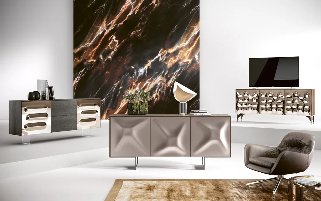 Madia Kristal 2B Italia in un soggiorno con altre madie Fusion