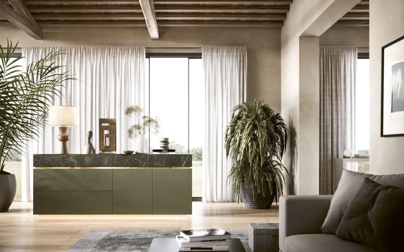 Madia Line 2B Italia verde con top effetto marmo in un soggiorno