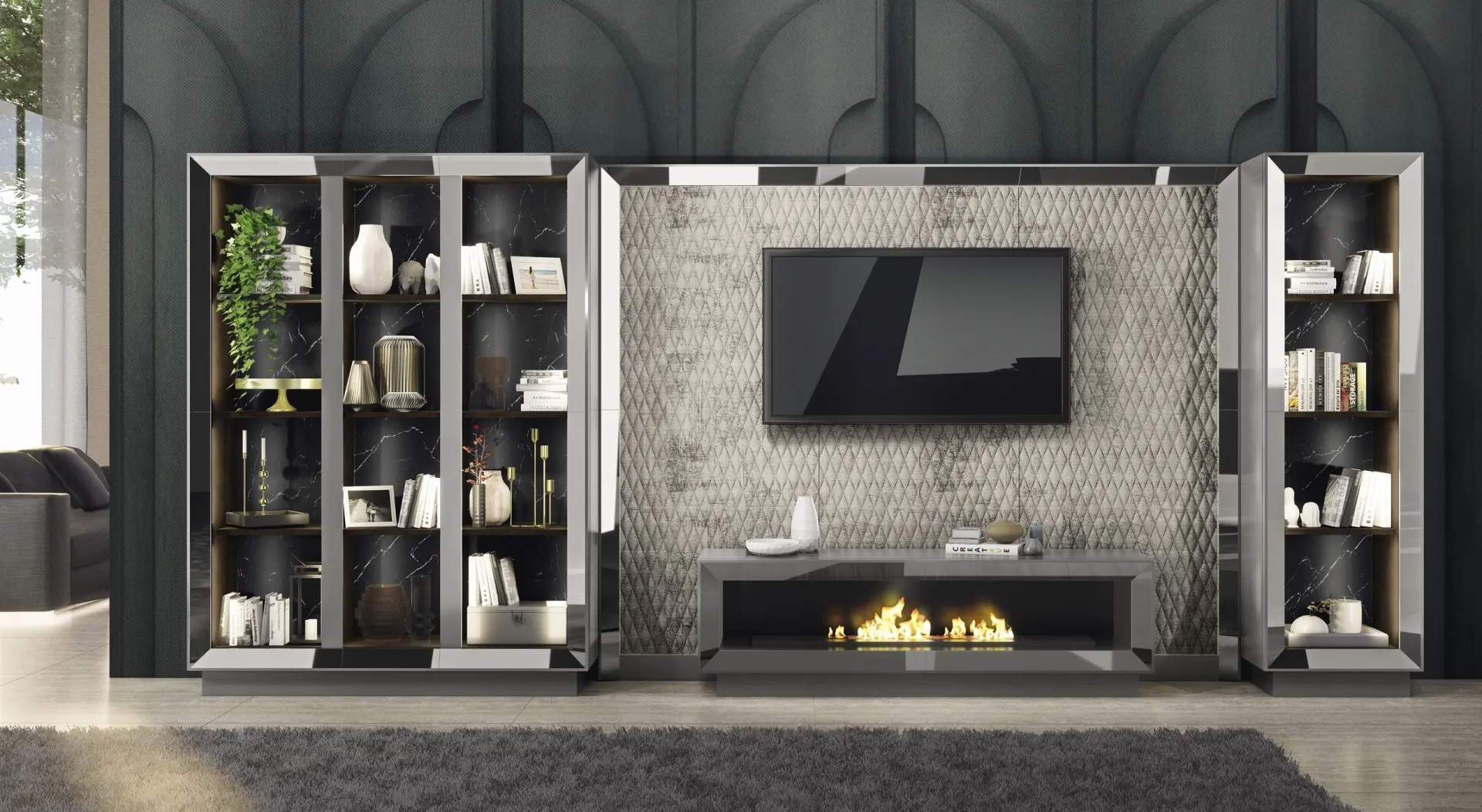 Librerie Astra Adriatica scure ai lati di una parete TV con caminetto a vista