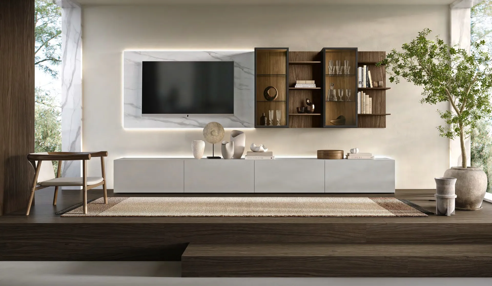 Parete attrezzata H2O 01 Adriatica con boiserie TV effetto marmo e pensili in noce brown