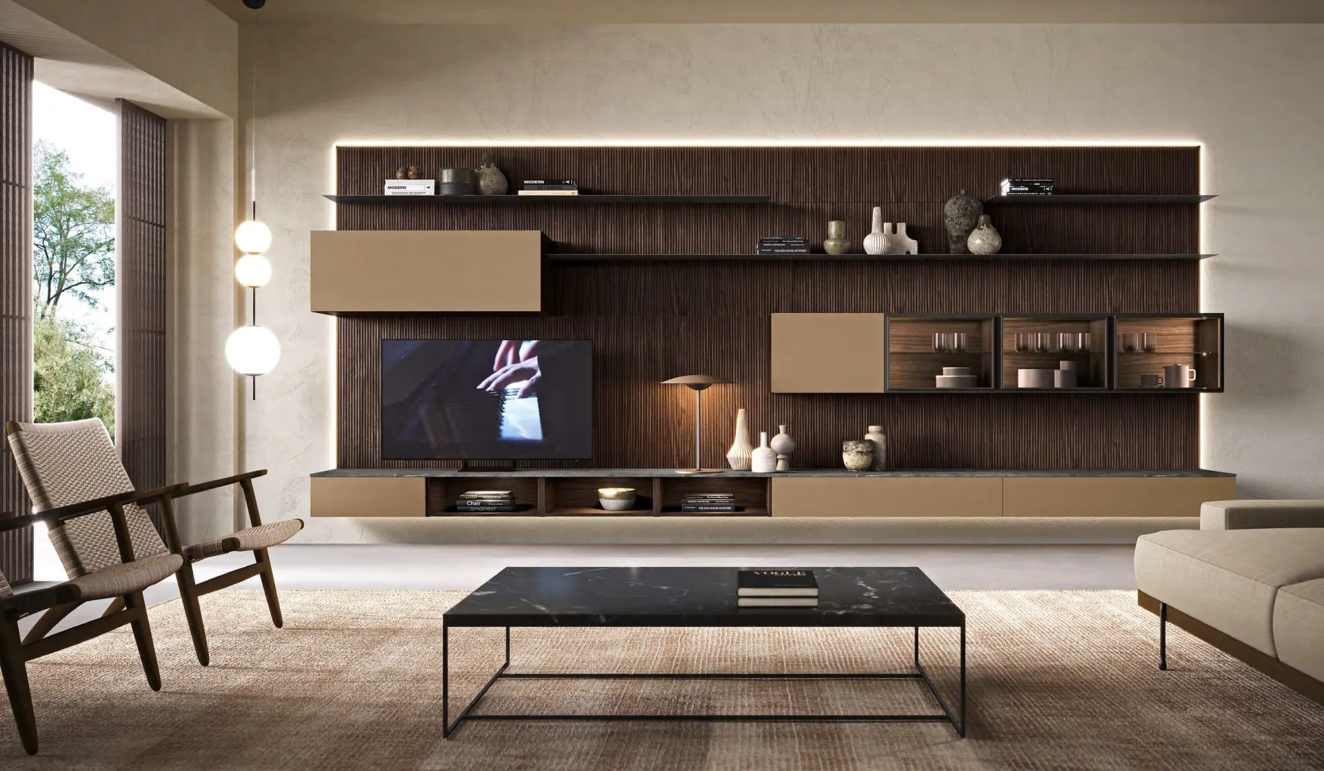 Parete attrezzata H2O 09 Adriatica in noce brown con ante caramello e mensole metal grey