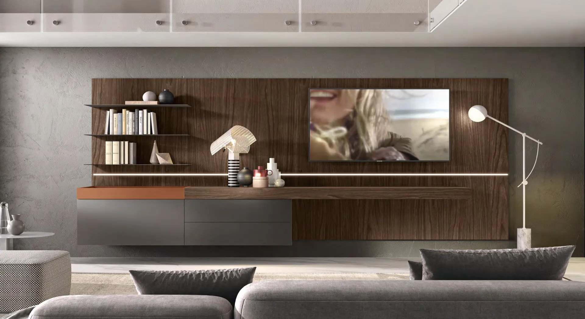 Parete attrezzata H2O 16 Adriatica con boiserie in noce brown e luce orizzontale