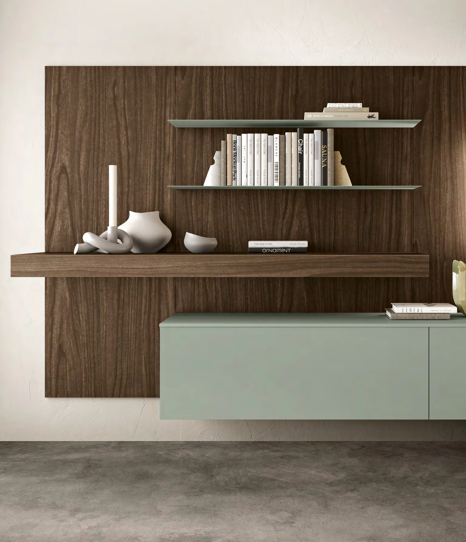 Boiserie in noce brown con mensole e base verde edera della parete H2O 29 Adriatica
