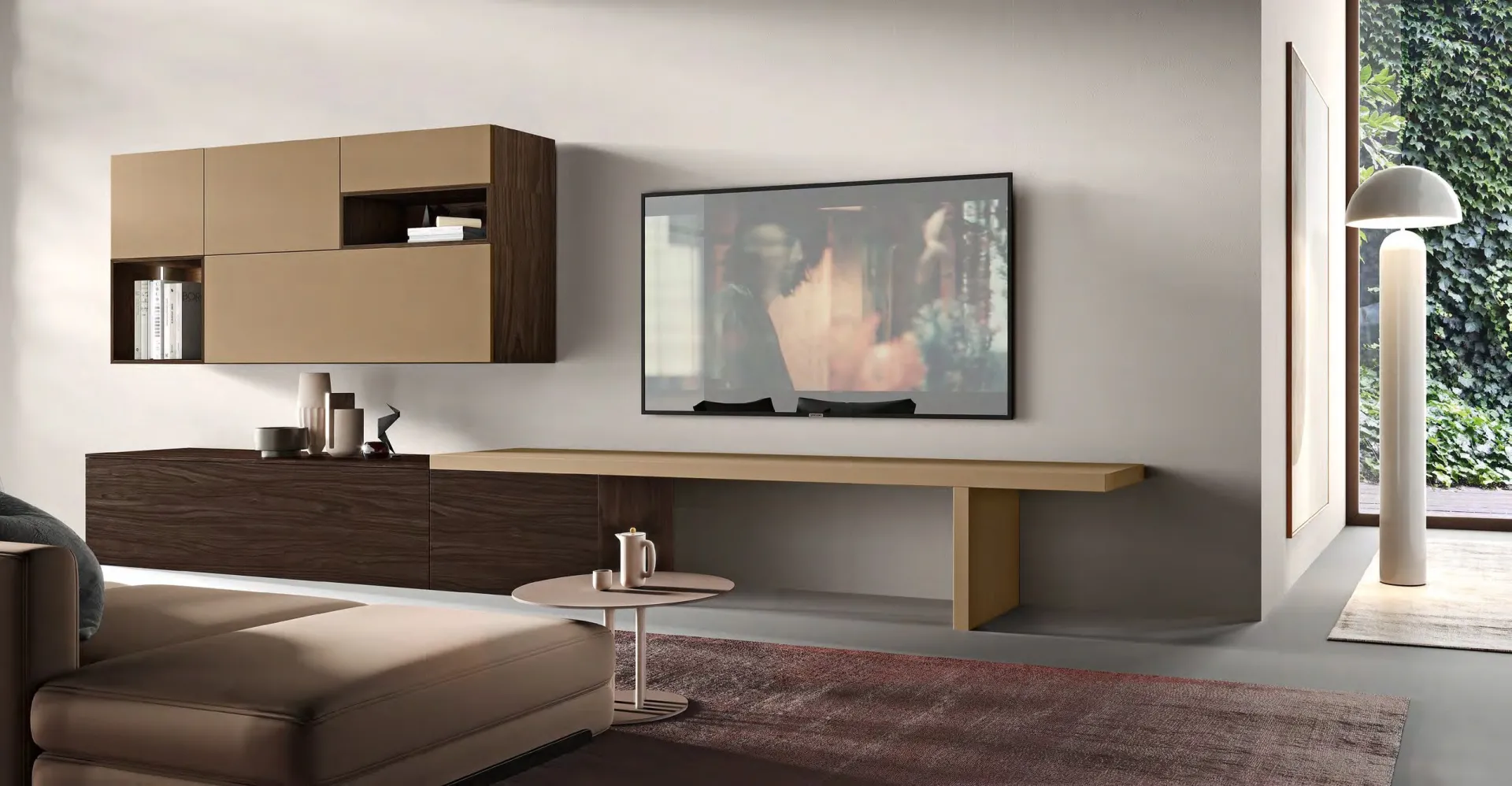 Parete attrezzata H2O 30 Adriatica in noce brown e caramello con piano top a T