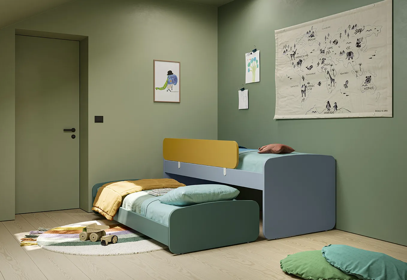 Letto estraibile Golf Kid's Space Colombini azzurro e verde con secondo letto aperto e sponda gialla