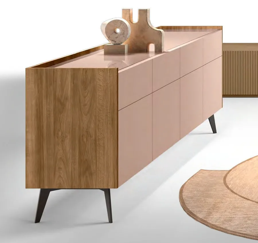Madia Linear 05 Adriatica con cassa in legno chiaro e fronte rosa su gambe