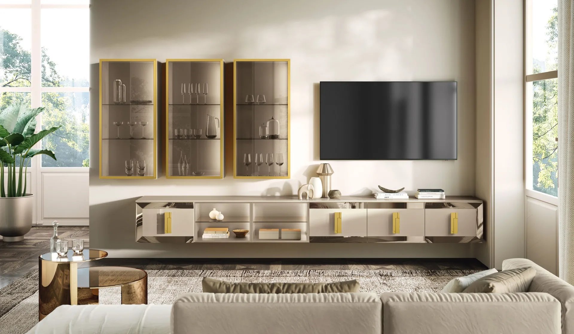 Soggiorno Astra Prima Adriatica con base sospesa e cornice a specchio bronzo