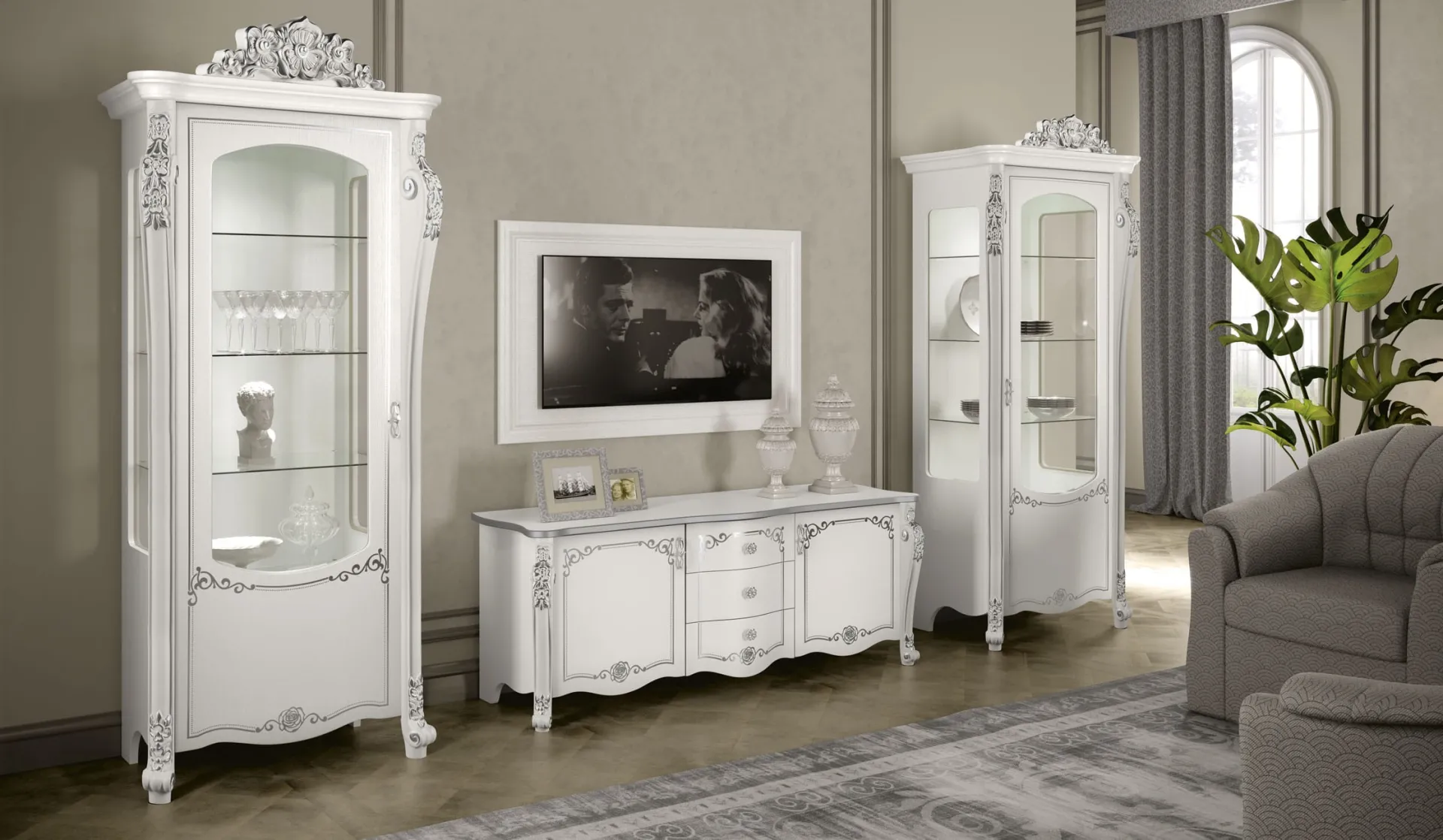 Soggiorno classico Pandora Adriatica bianco e argento con vetrine e porta TV