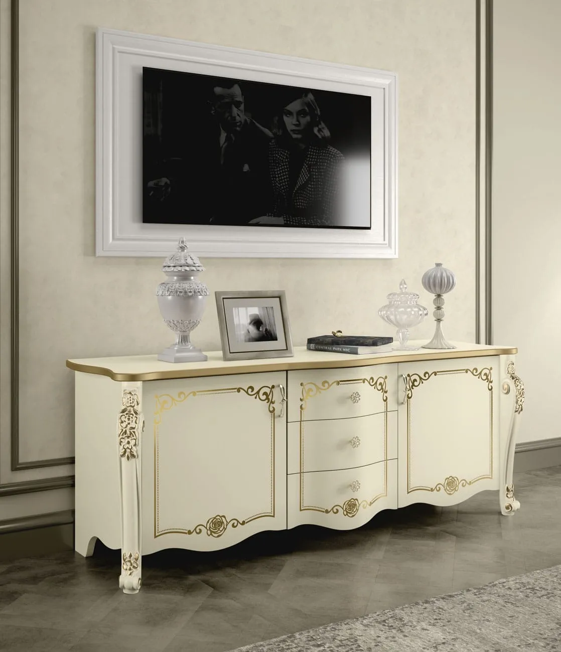 Porta TV Pandora Adriatica avorio con decori oro e cassetti