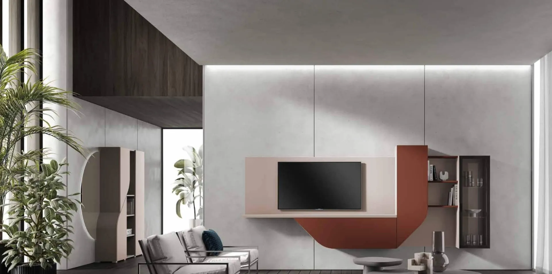 Composizione Velvet 4.0 Artigianmobili cipria e rosso con scrittoio e mensole