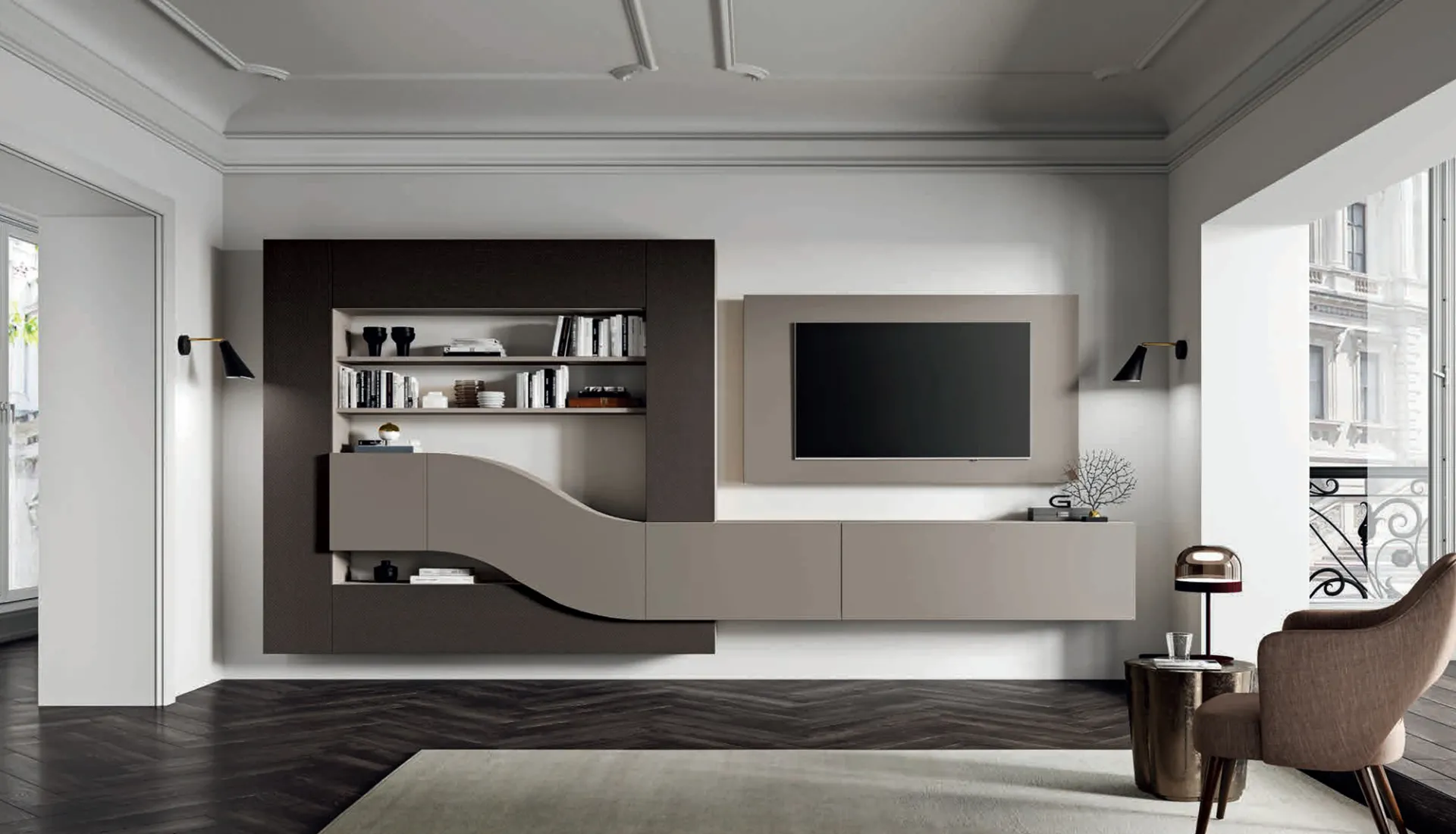 Soggiorno Velvet 168 Artigianmobili con elemento curvo e pannello TV camoscio
