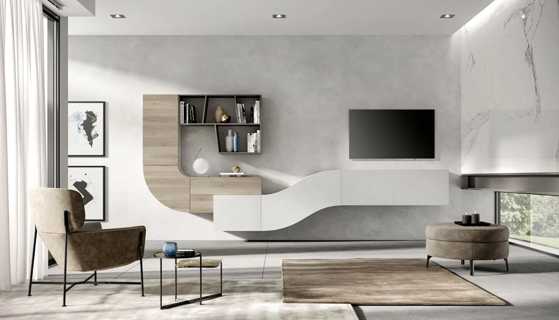 Soggiorno Velvet 151 Artigianmobili con elemento curvo a onda bianco e noce