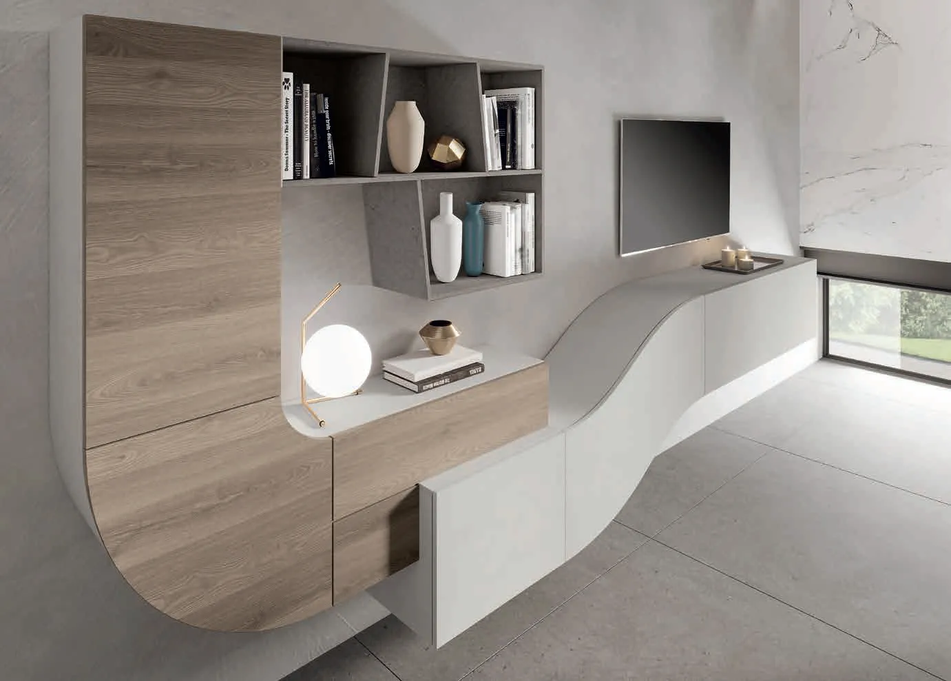 Particolare del modulo curvo Velvet 151 Artigianmobili con libreria e mensole