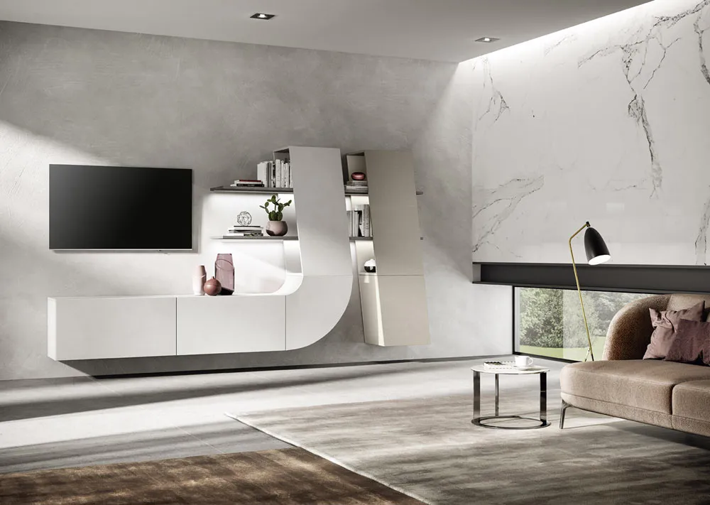 Soggiorno Velvet 152 Artigianmobili con base sospesa bianca e TV