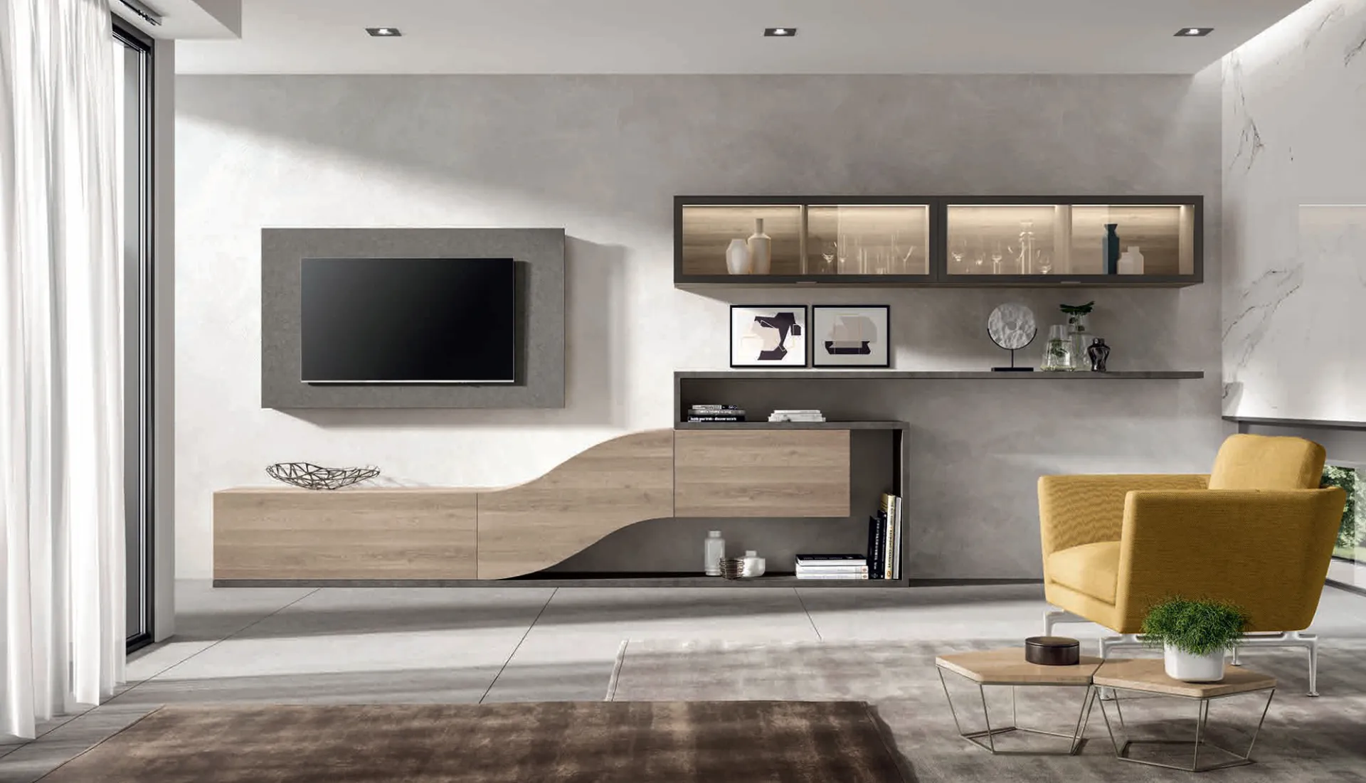 Soggiorno Velvet 153 Artigianmobili con base curva in noce e poltrona gialla