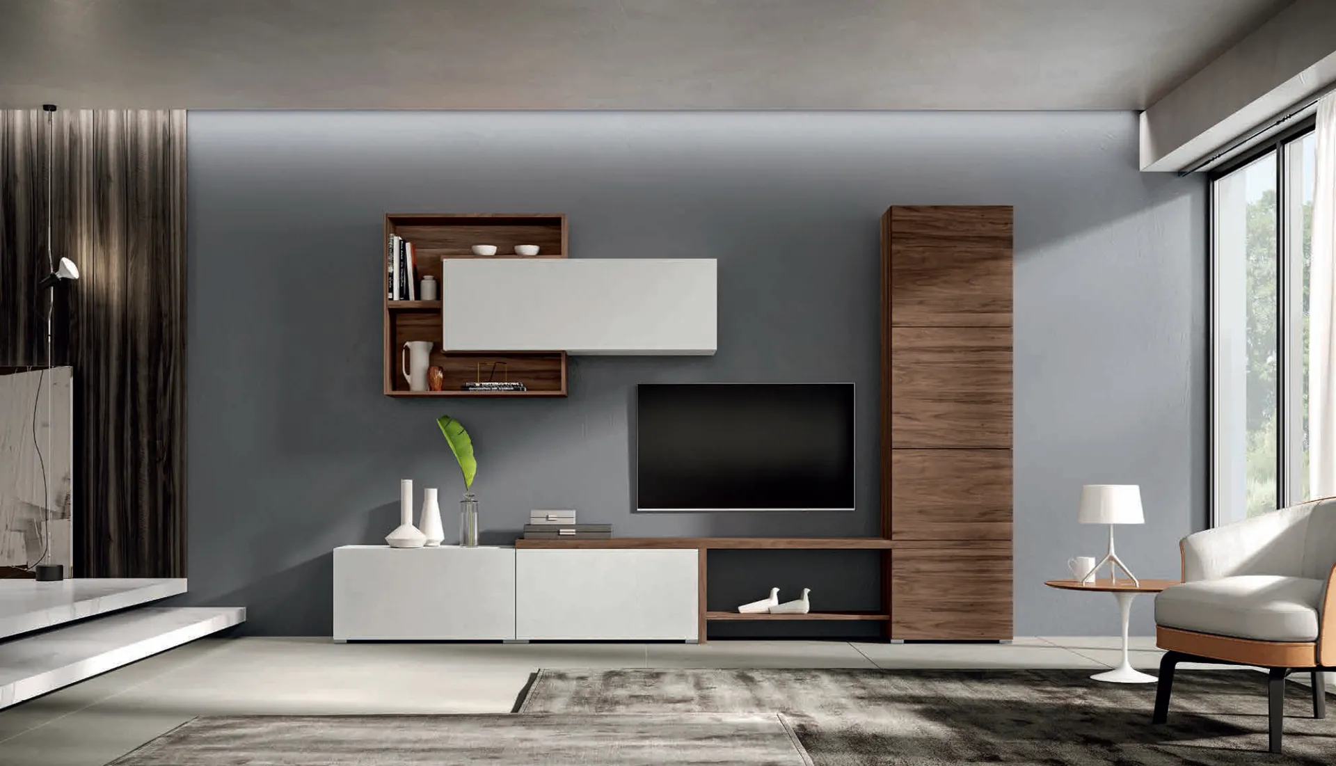 Soggiorno Velvet 155 Artigianmobili bianco con totem e mensole in noce