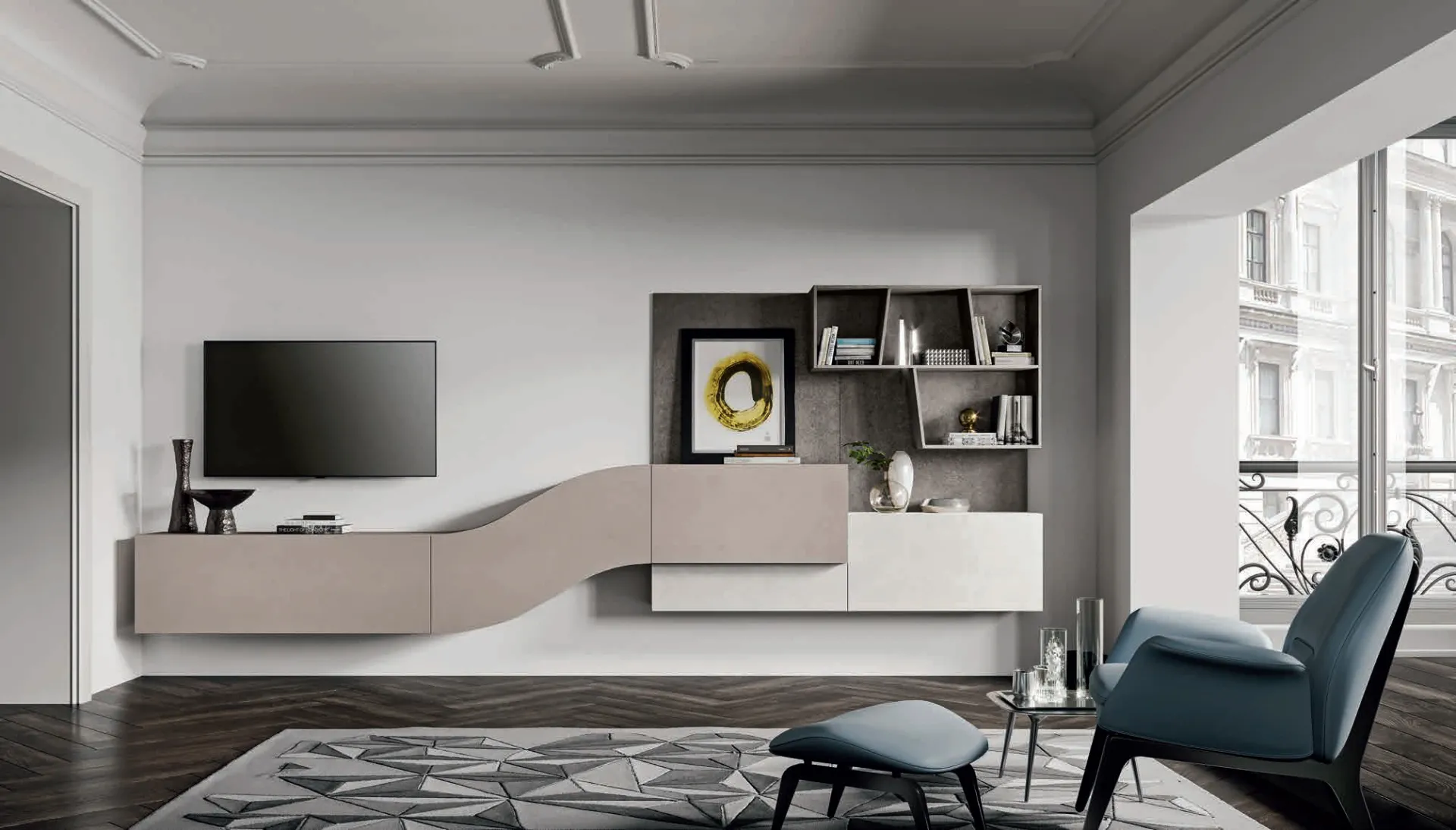 Soggiorno Velvet 157 Artigianmobili con base sospesa ondulata e libreria scura