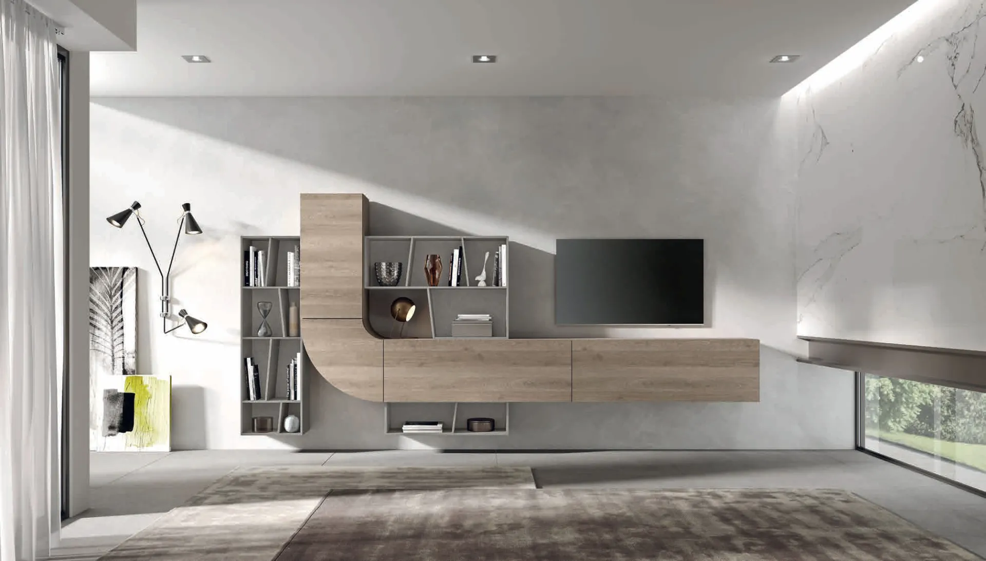 Soggiorno Velvet 158 Artigianmobili con frontali in noce e curva verticale