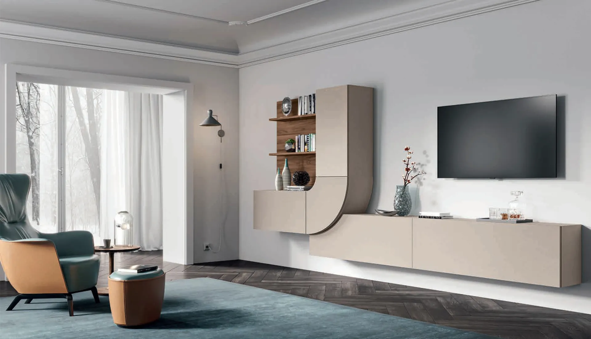 Soggiorno Velvet 159 Artigianmobili in gessato canapa con colonna curva e base lunga