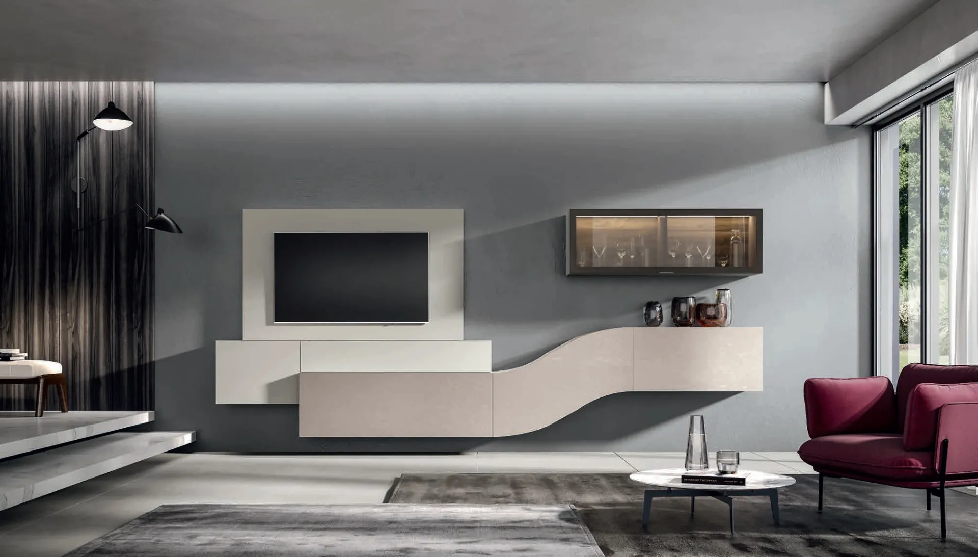 Soggiorno Velvet 160 Artigianmobili grigio nuvola con pannello TV e base curva