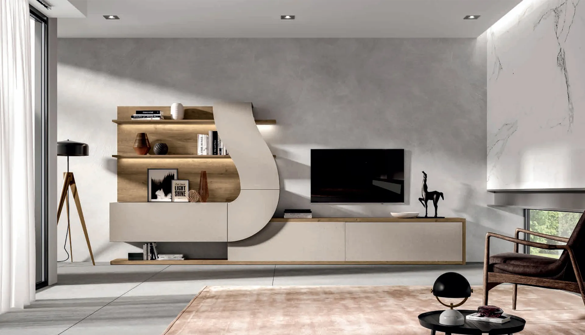 Soggiorno Velvet 161 Artigianmobili con libreria curva in quercia e base bassa