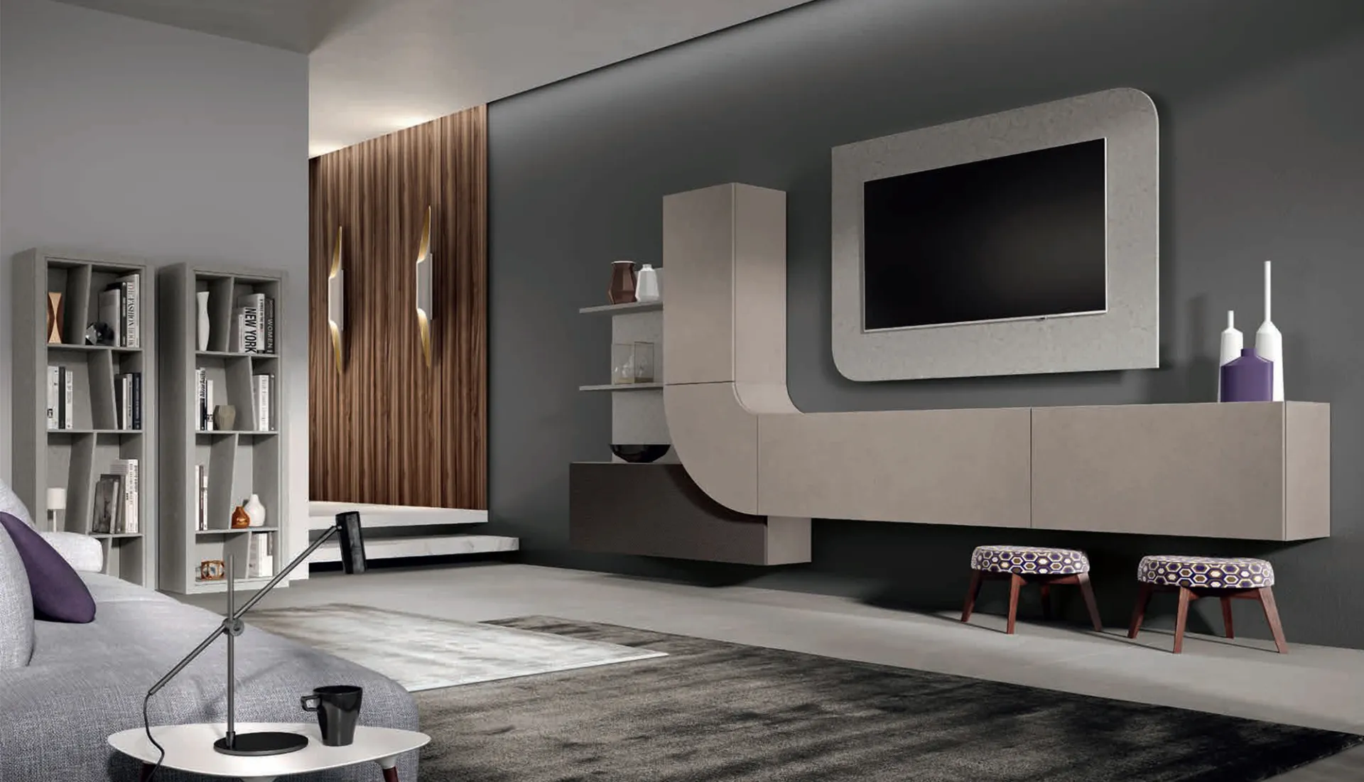 Soggiorno Velvet 162 Artigianmobili con cornice TV curva e librerie