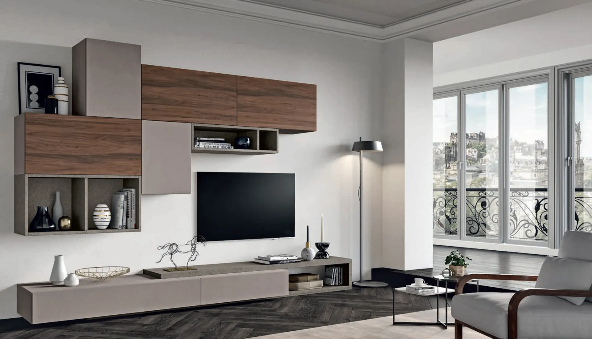Soggiorno Velvet 163 Artigianmobili lineare con pensili in noce e base lunga