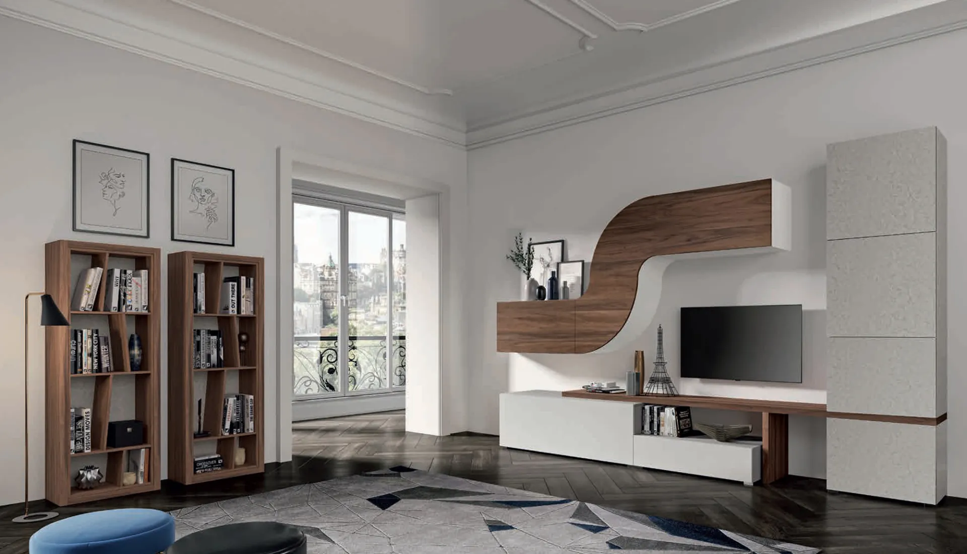 Soggiorno Velvet 164 Artigianmobili bianco con onda in noce e libreria