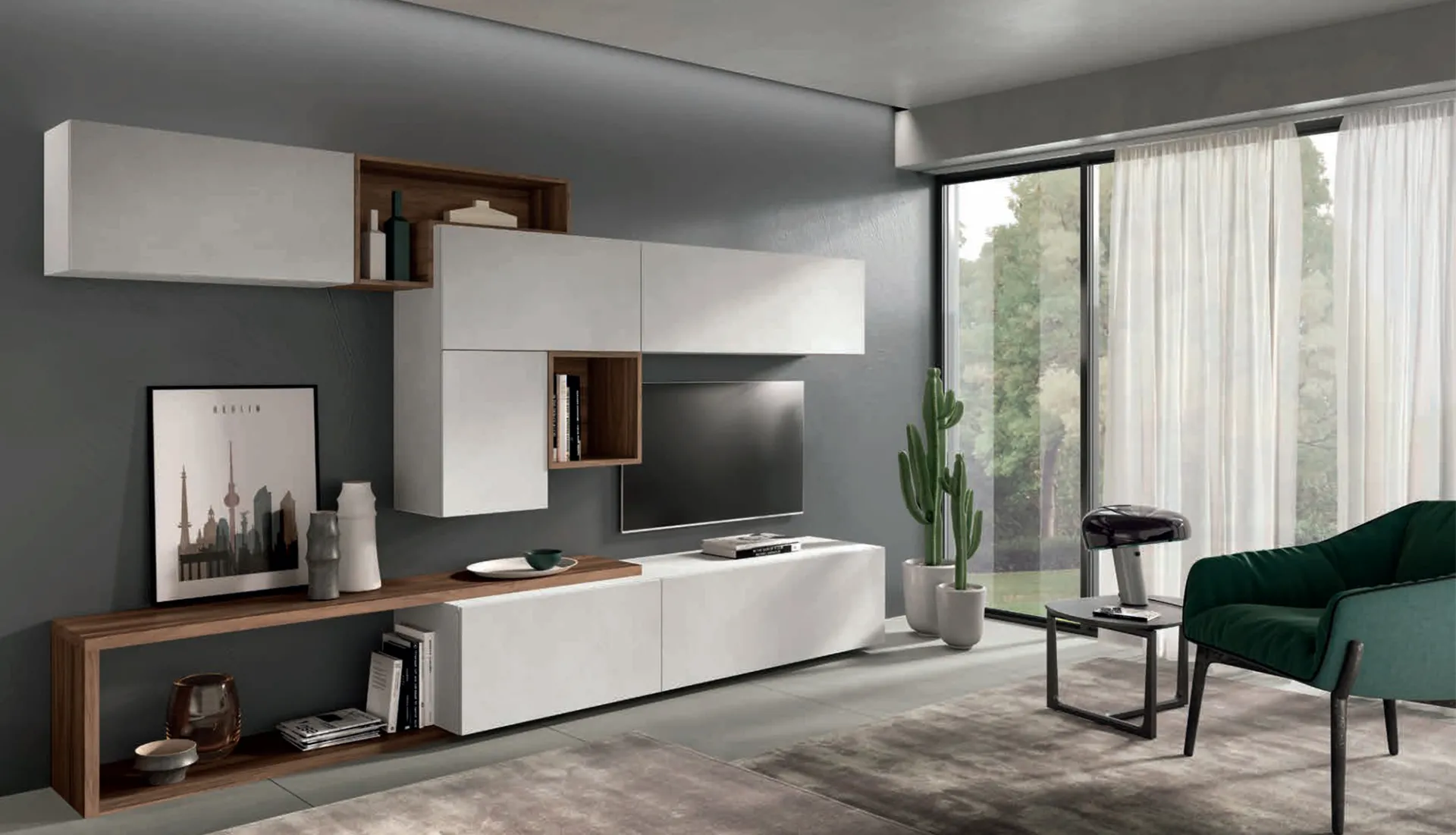 Soggiorno Velvet 166 Artigianmobili bianco con mobile a giorno in noce