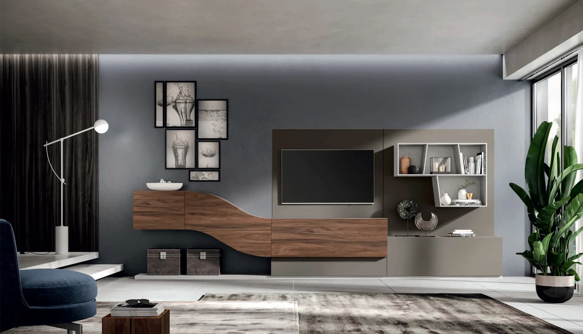 Soggiorno Velvet 167 Artigianmobili con base curva in noce e parete scura