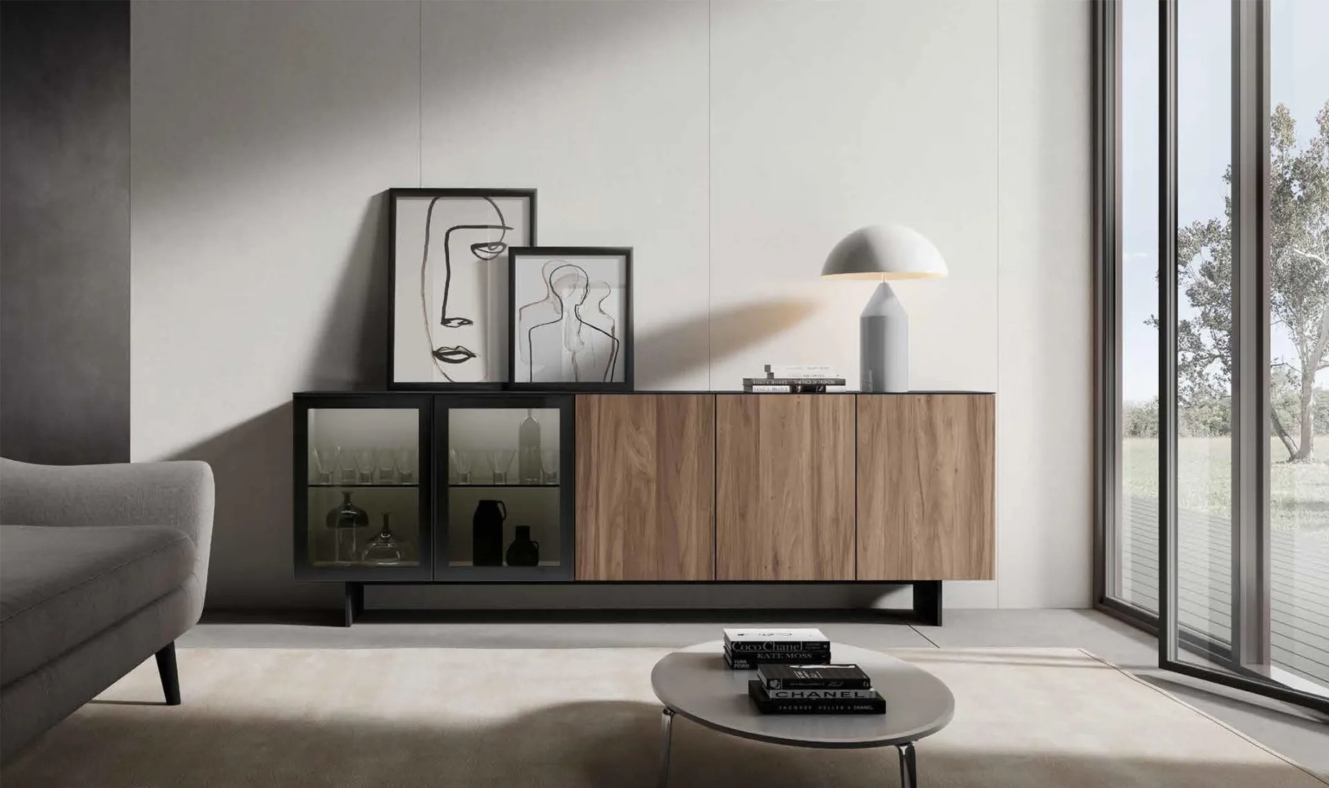 Madia Velvet 182 Artigianmobili in noce chiaro con ante in vetro brunito