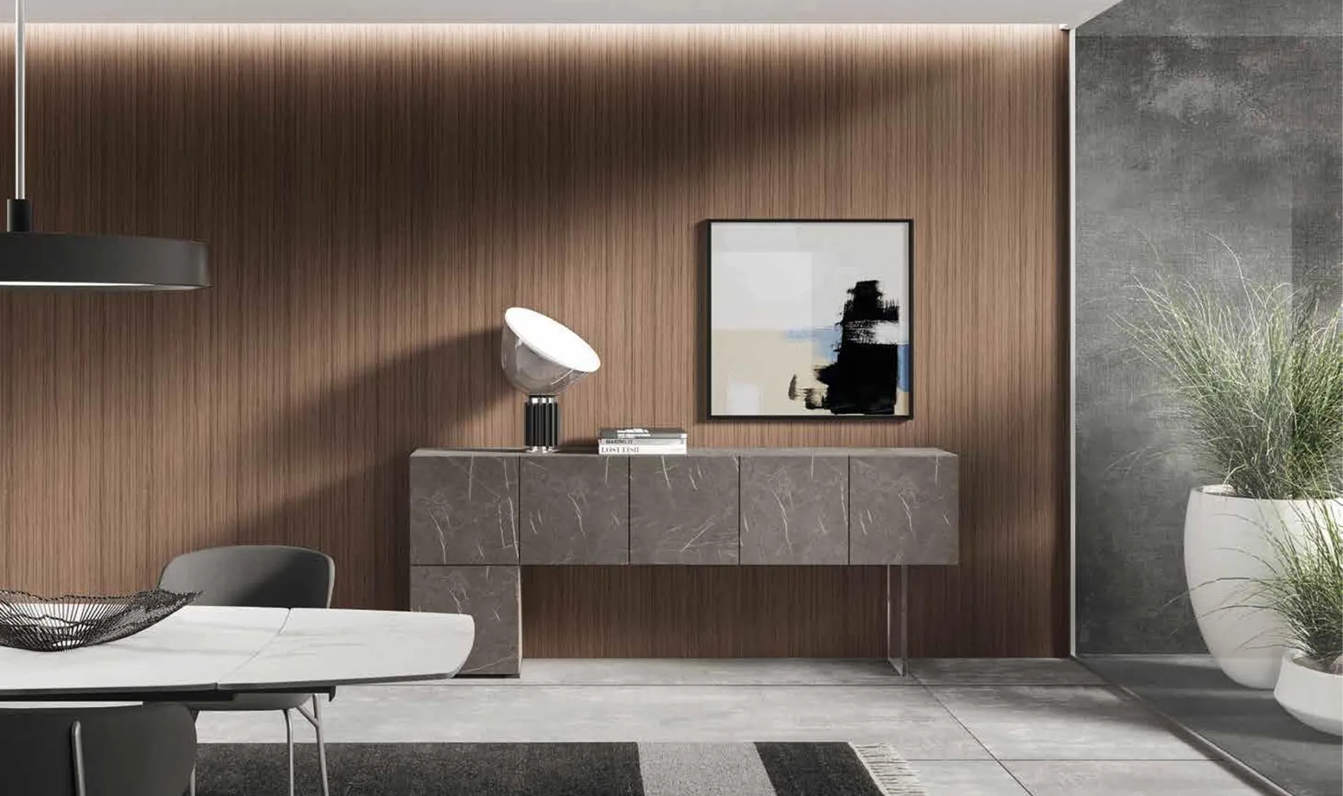 Madia bassa Velvet 185 Artigianmobili con frontali effetto pietra davanti a boiserie in legno
