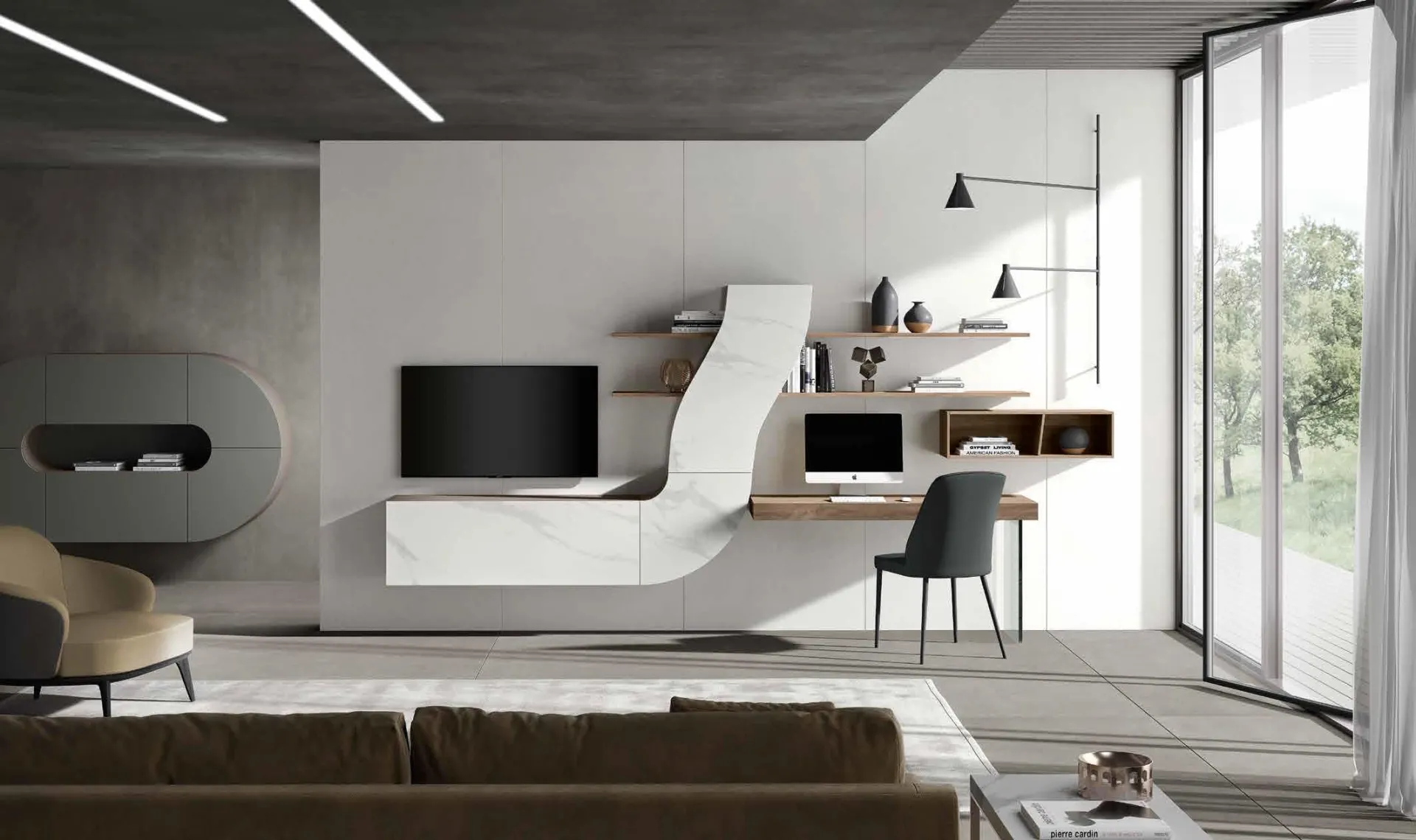 Home office Velvet 188 Artigianmobili con scrivania in noce chiaro accanto alla parete TV