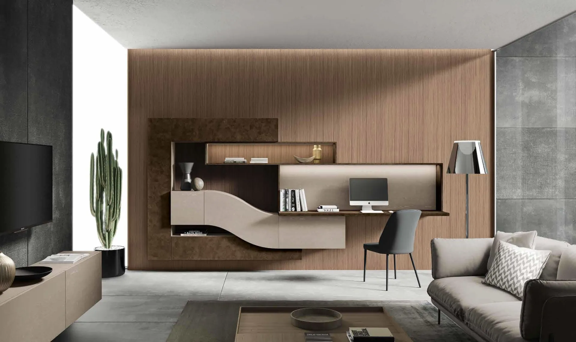 Postazione studio Velvet 189 Artigianmobili con scrittoio a onda in corten e canapa