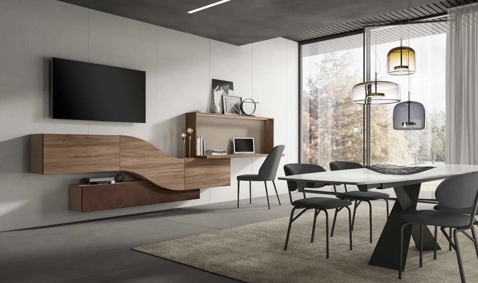 Home office Velvet 190 Artigianmobili nel soggiorno con mensole e scrittoio in noce