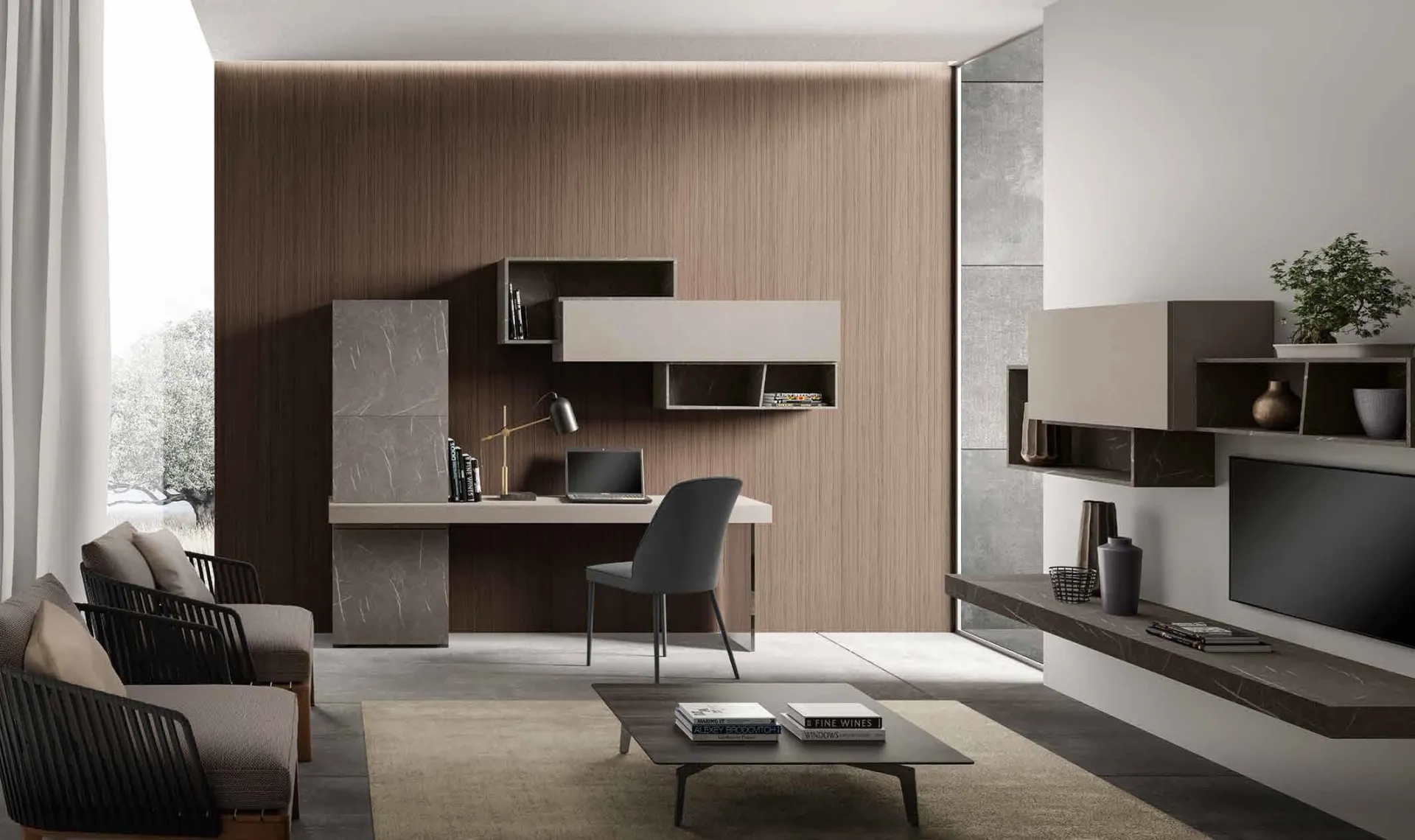 Soggiorno con home office Velvet 191 Artigianmobili, scrivania e parete TV