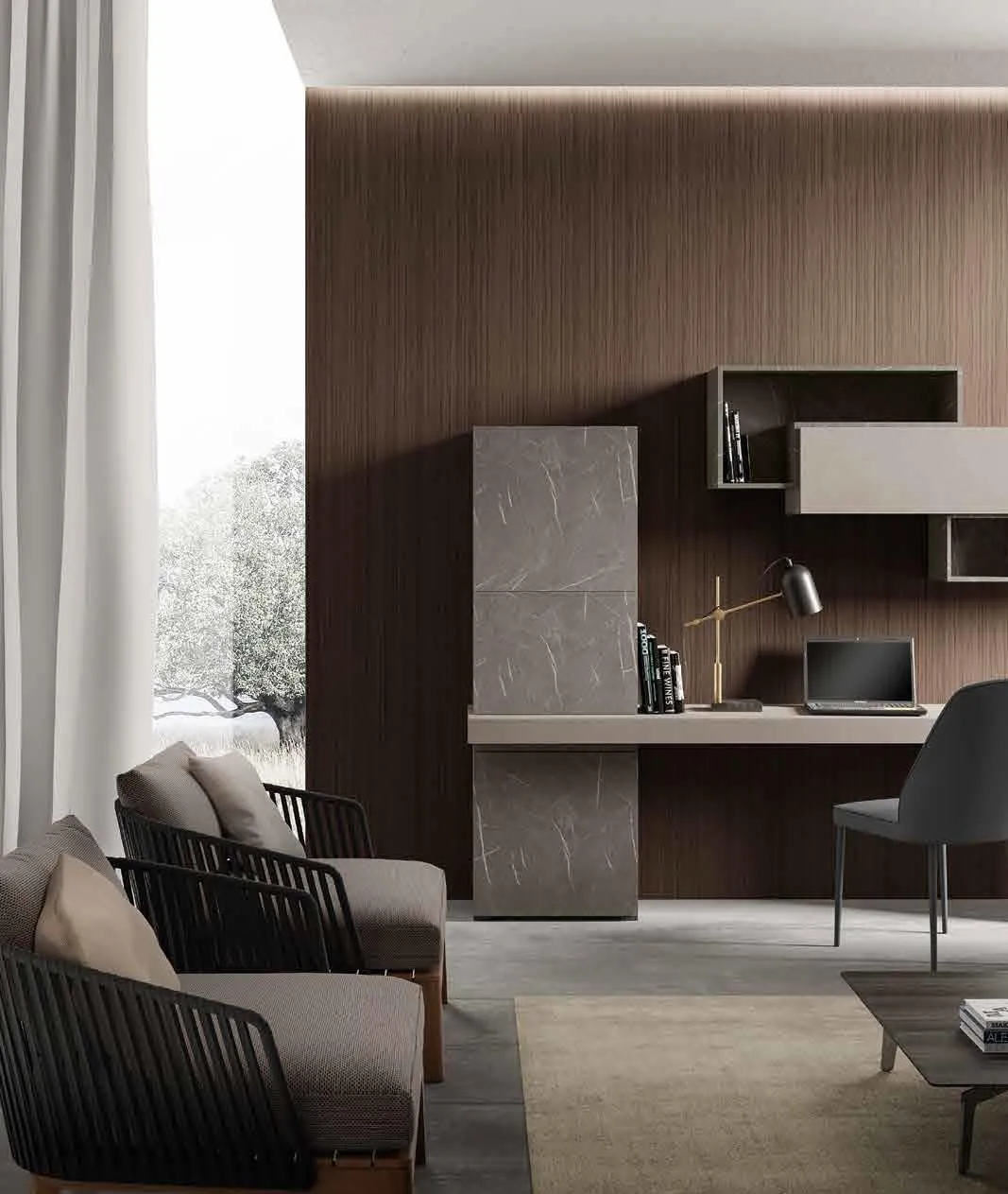 Scrivania sospesa con colonna e pensili della Home Office Velvet 191 Artigianmobili