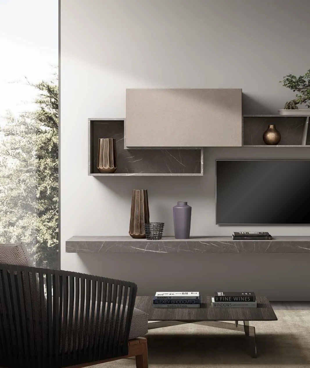 Parete TV della composizione Home Office Velvet 191 Artigianmobili con pensile chiaro
