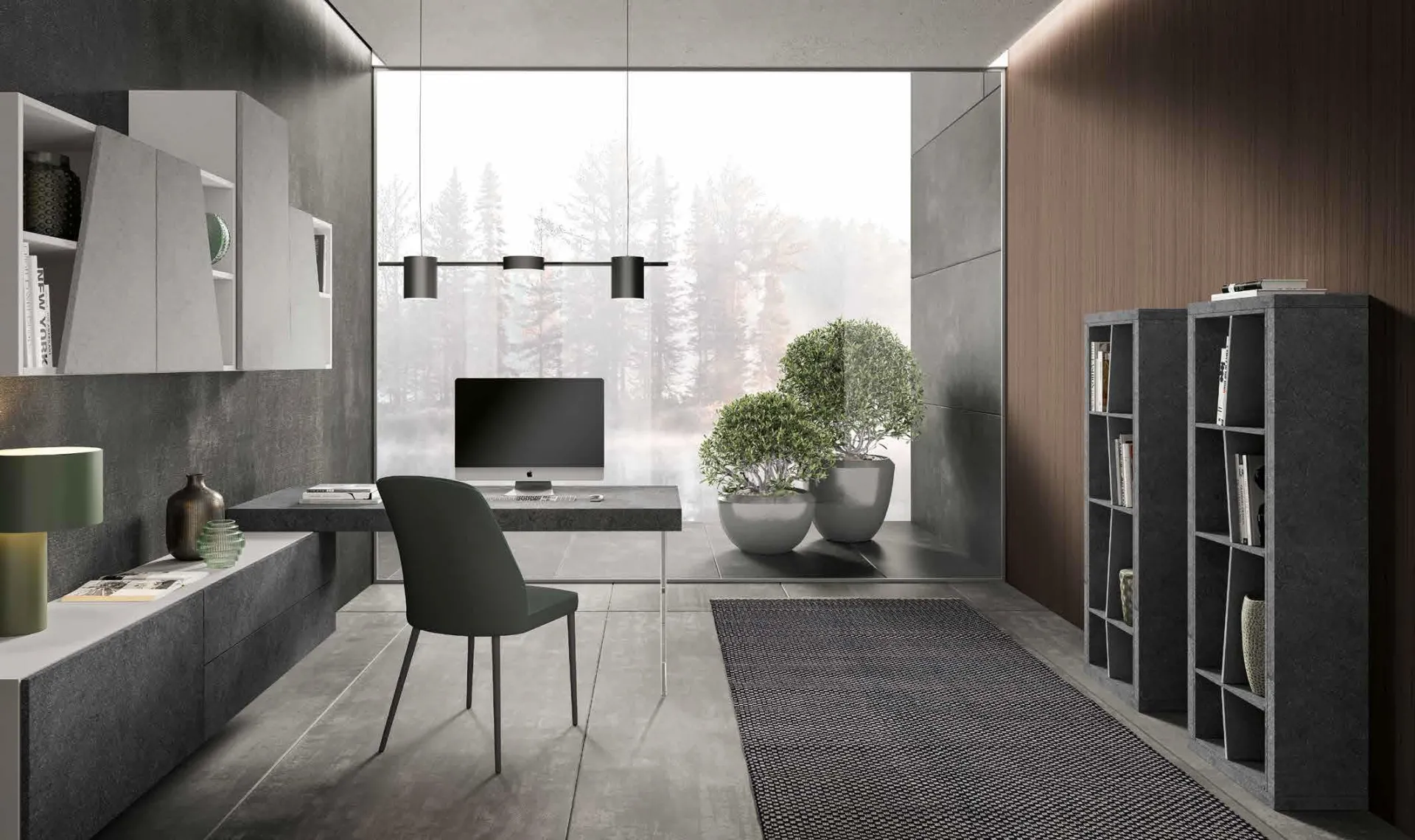 Soggiorno con home office Velvet 192 Artigianmobili, base TV e libreria a giorno