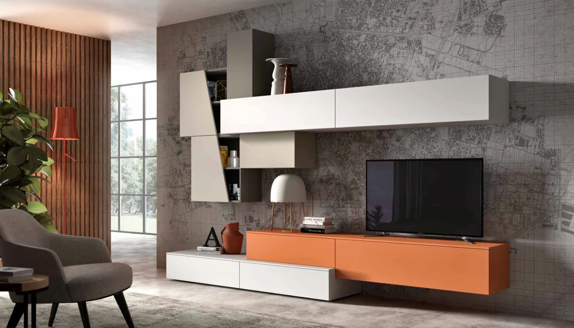 Parete 3D 201 Artigianmobili con pensili bianchi e base TV arancione sospesa