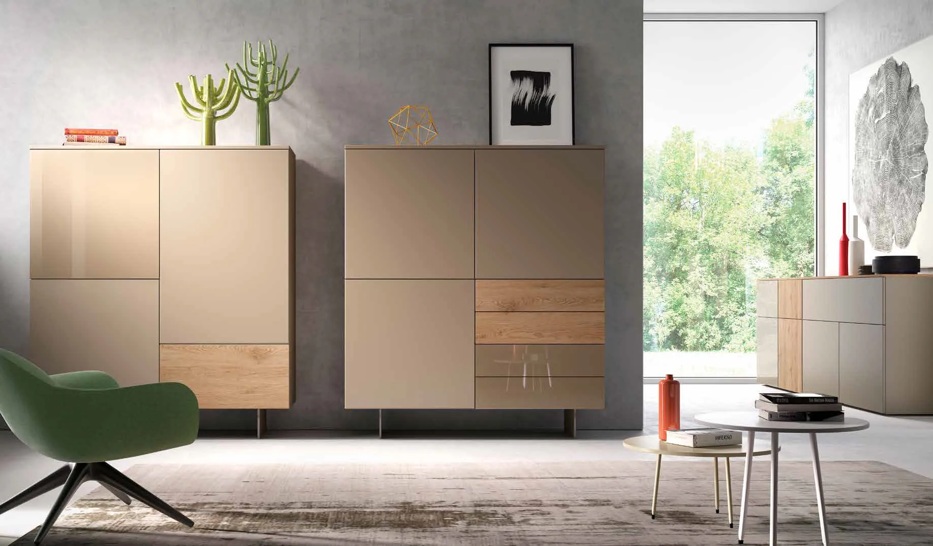 Due contenitori alti 3D 203 Artigianmobili grigio seta e verde canne con ante in rovere
