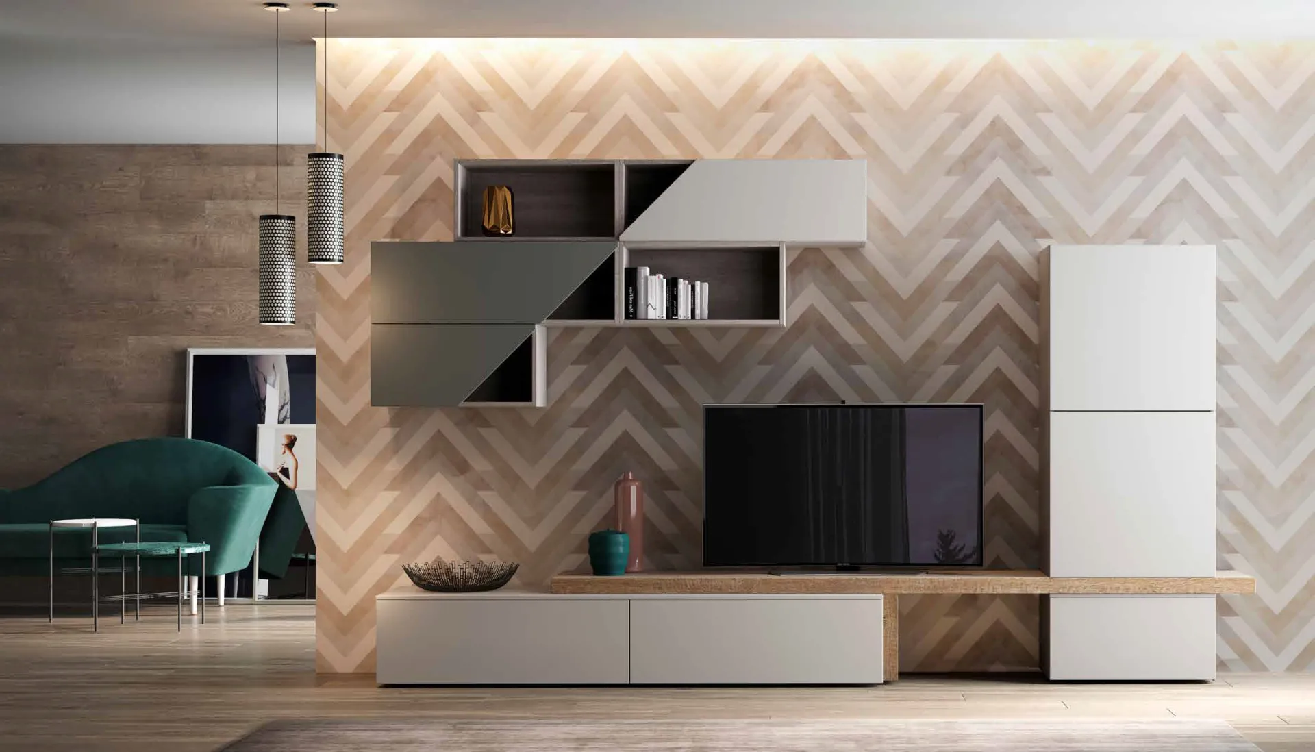 Composizione soggiorno 3D 204 Artigianmobili con parete TV e cubi pensili grigi