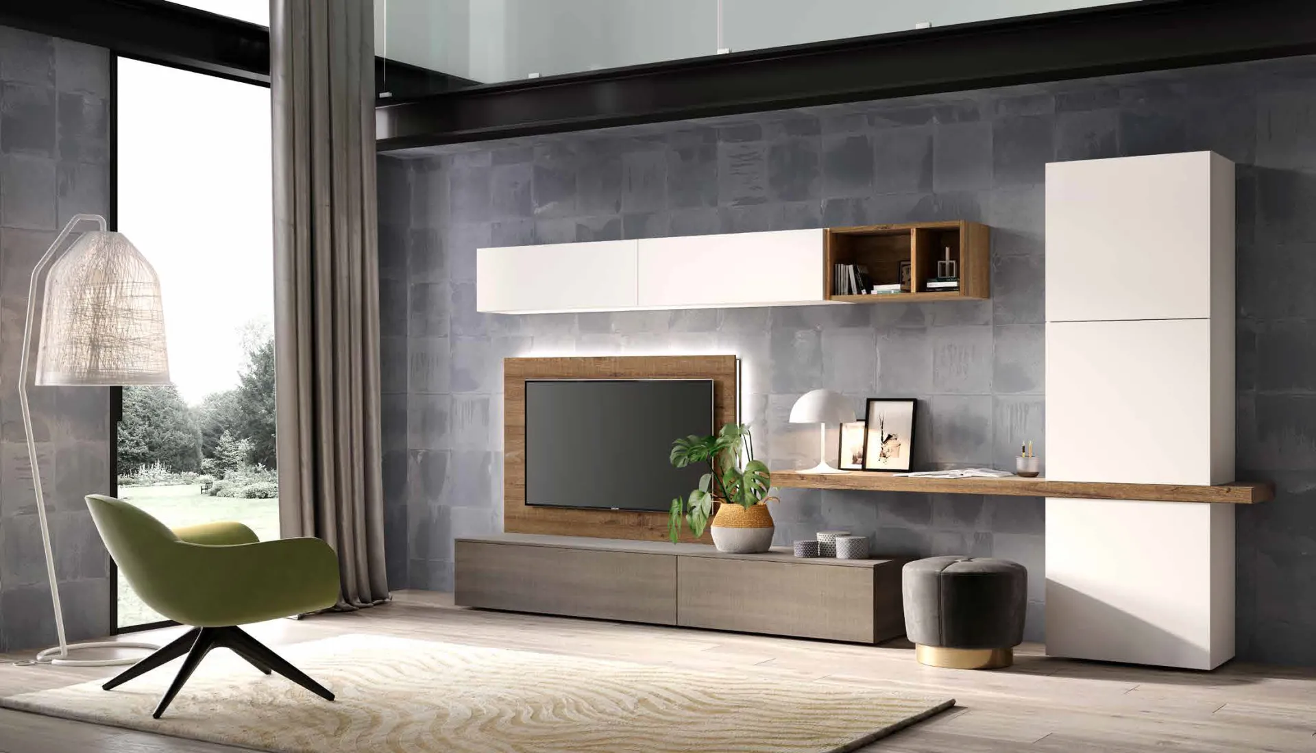 Parete 3D 205 Artigianmobili con cornice TV in quercia e colonna bianca alta
