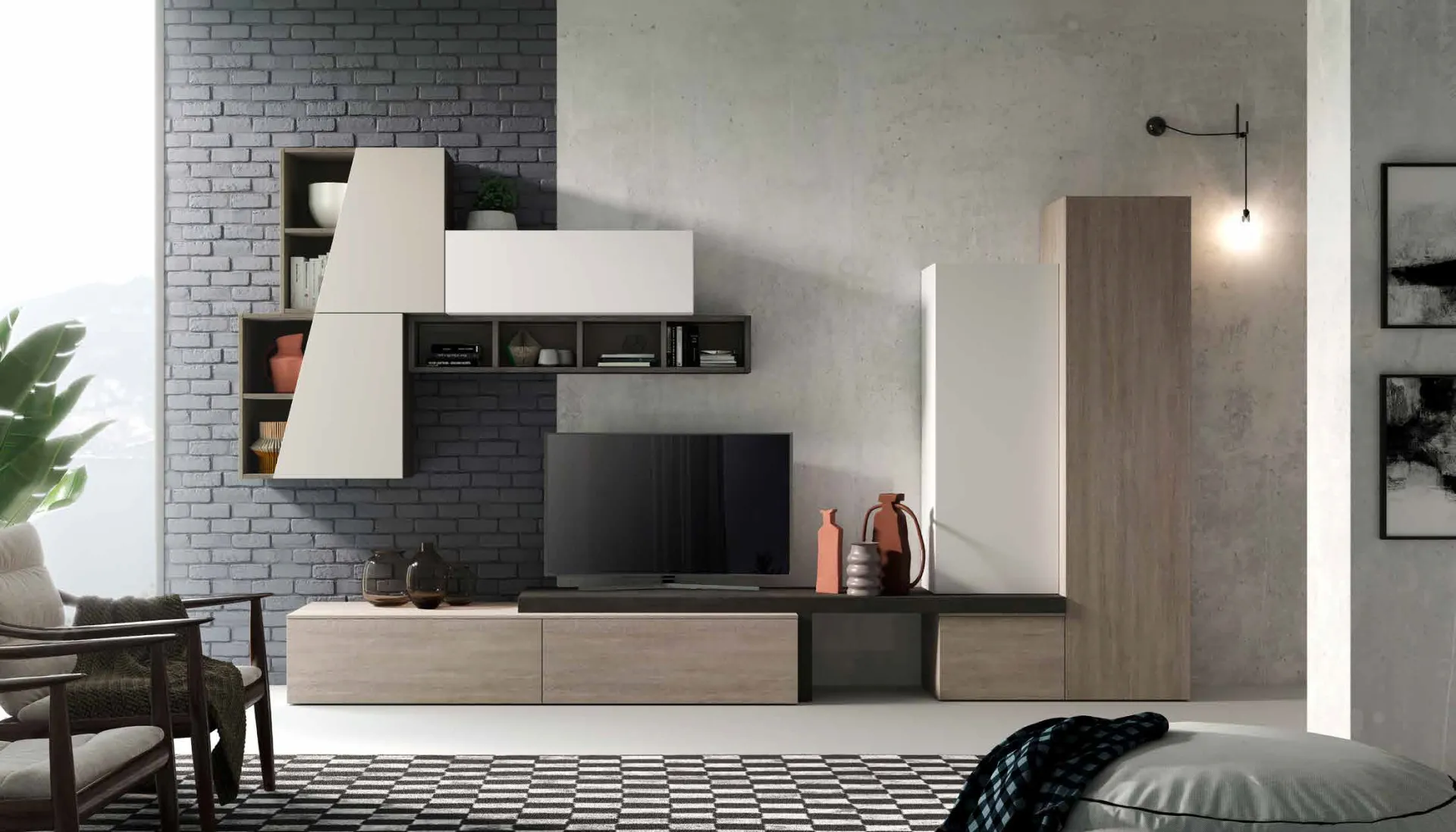Parete 3D 206 Artigianmobili con pensile bianco inclinato e base TV lunga