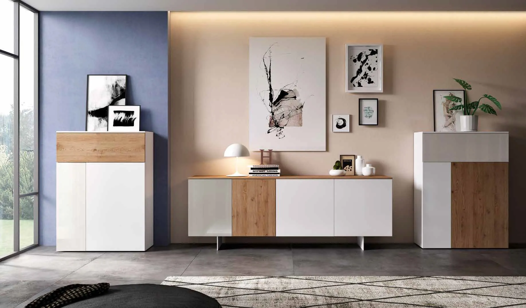 Madia e contenitori 3D 208 Artigianmobili in bianco e rovere su piedi sottili