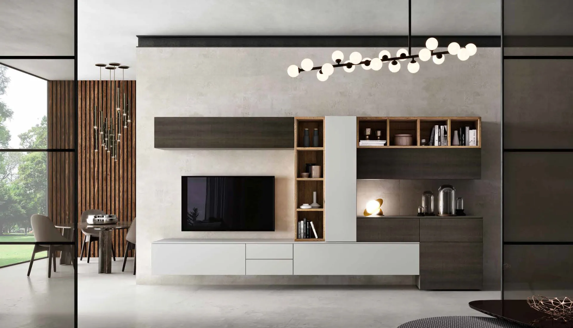 Parete 3D 209 Artigianmobili bianca con pensile scuro e libreria a giorno in quercia