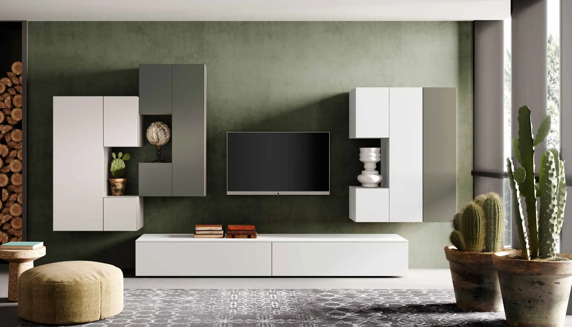 Parete 3D 211 Artigianmobili simmetrica bianca con pannelli grigio quarzo