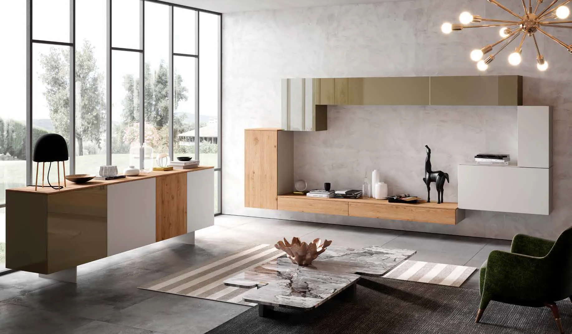 Soggiorno 3D 212 Artigianmobili con parete grigio seta, base in rovere e madia