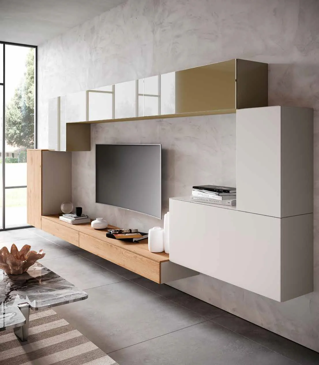 Parete TV 3D 212 Artigianmobili con pensili verde canne e base sospesa in rovere